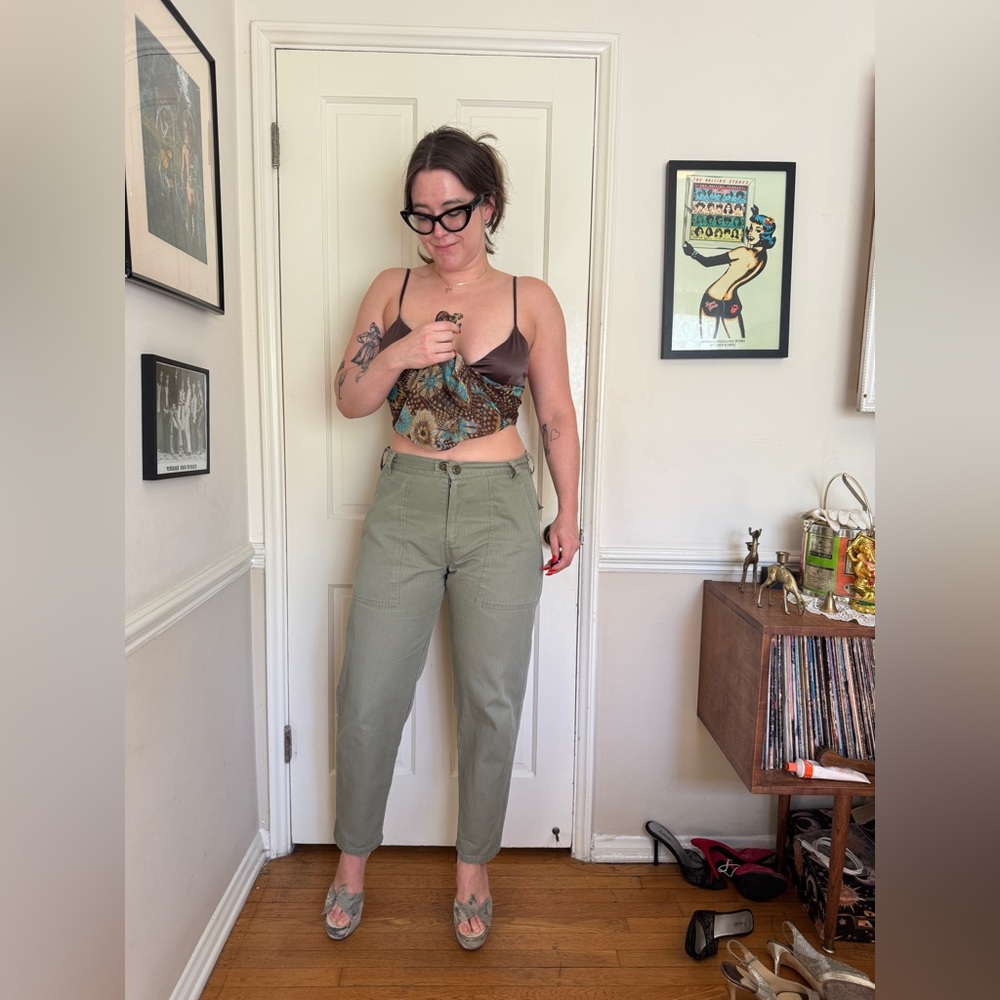 Vintage Herringbone Twill Green Cargo Pants w Dual button Fly